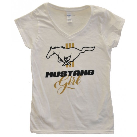 Women's White Mustang Girl V Neck T-Shirt